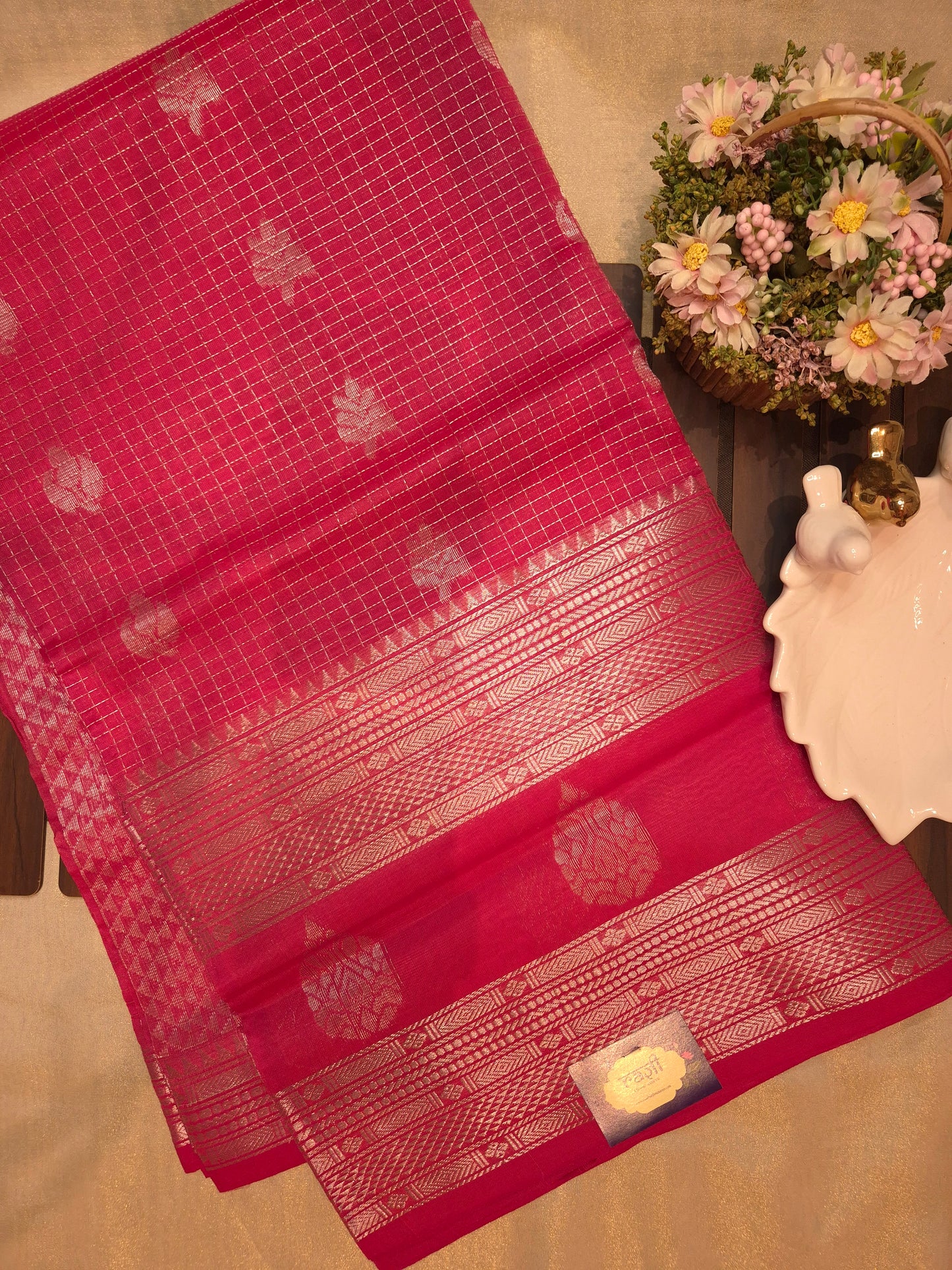 Coral Mangalgiri Pattu Silk Saree with Silver Zari