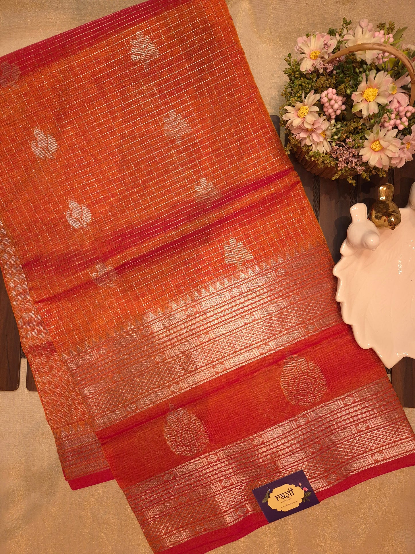 Orange Mangalgiri Pattu Silk Saree with Silver Zari
