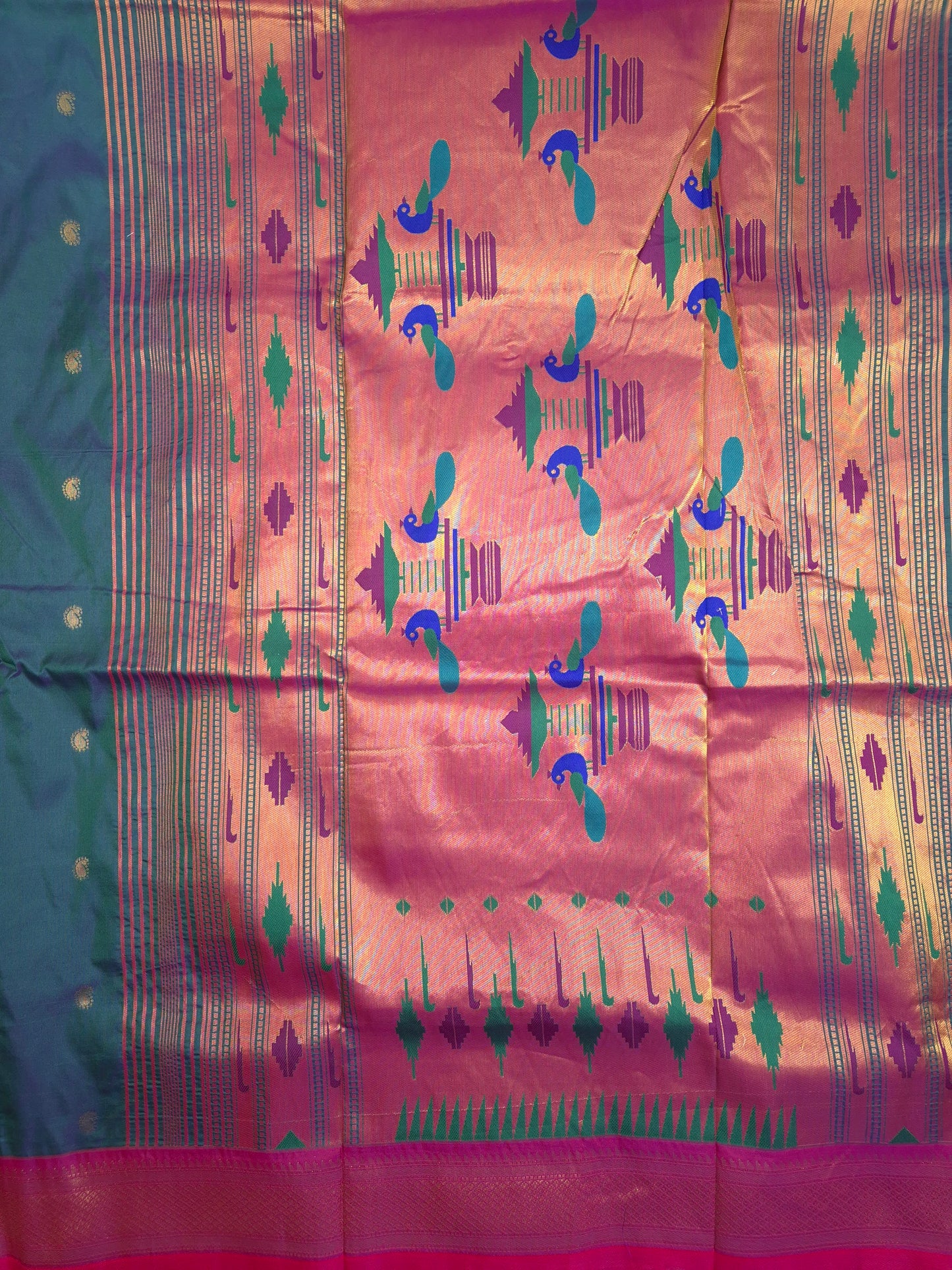 Peacock Green Paithani Saree with Pink Border