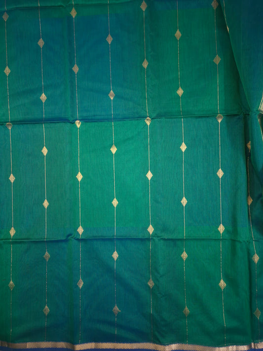 Peacock Green Maheshwari Silk Saree with Blue Tinge