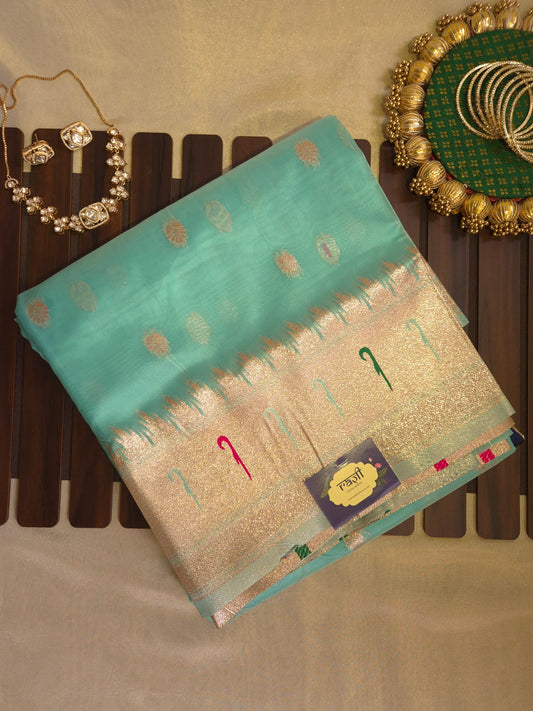 Turquoise Tissue Paithani Silk Saree