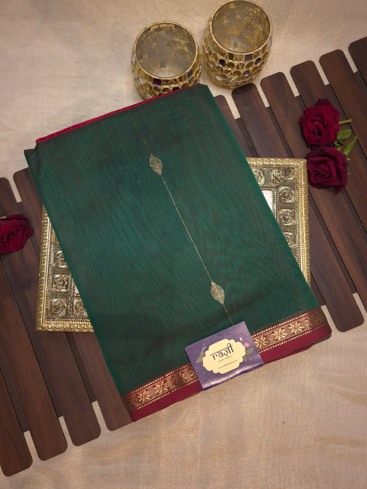 Dark Green Maheshwari Silk Saree with Red combination