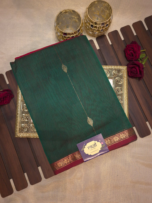Dark Green Maheshwari Silk Saree with Red combination