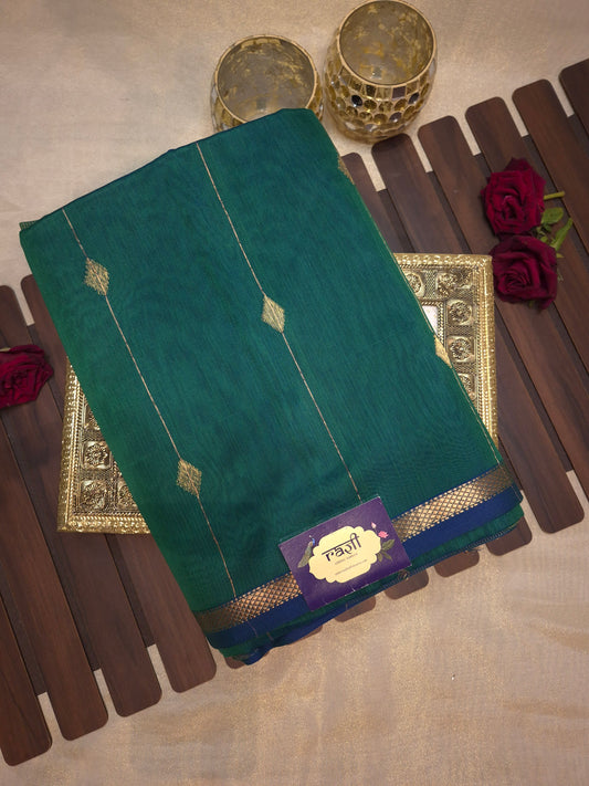 Peacock Green Maheshwari Silk Saree with Blue Tinge