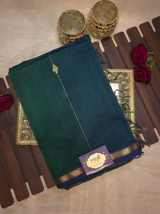 Peacock Green Maheshwari Silk Saree with Dark Blue tinge