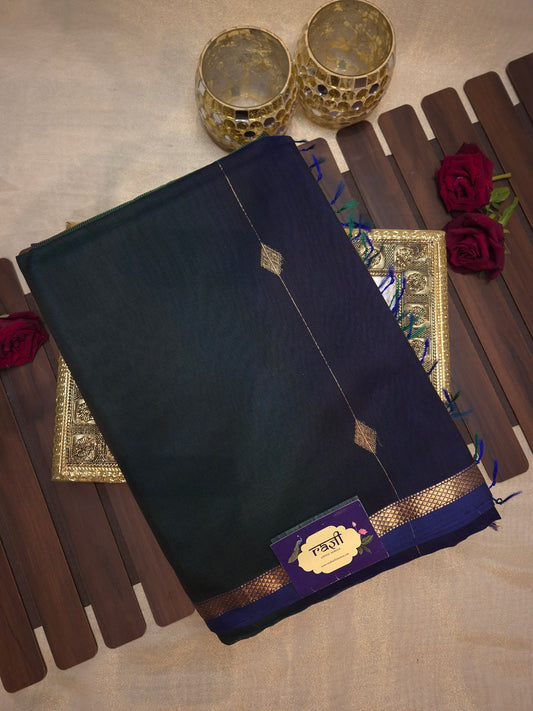 Navy Blue Maheshwari Silk Saree with Dark Green Tinge