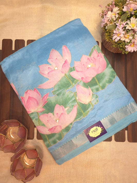Sky Blue Lotus Mangalgiri Pattu Saree