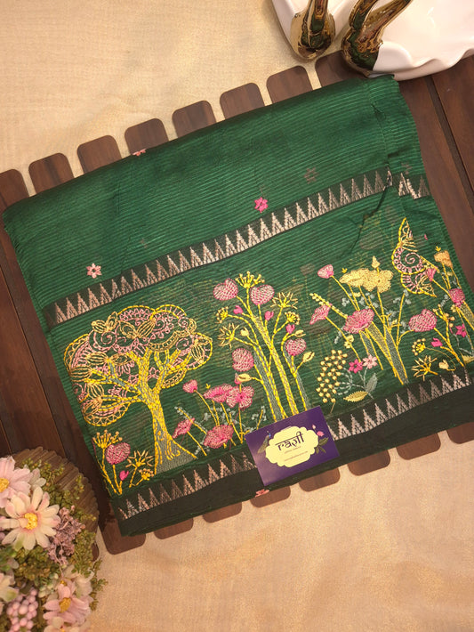 Dark Green Embroidery Mangalgiri Pattu Saree