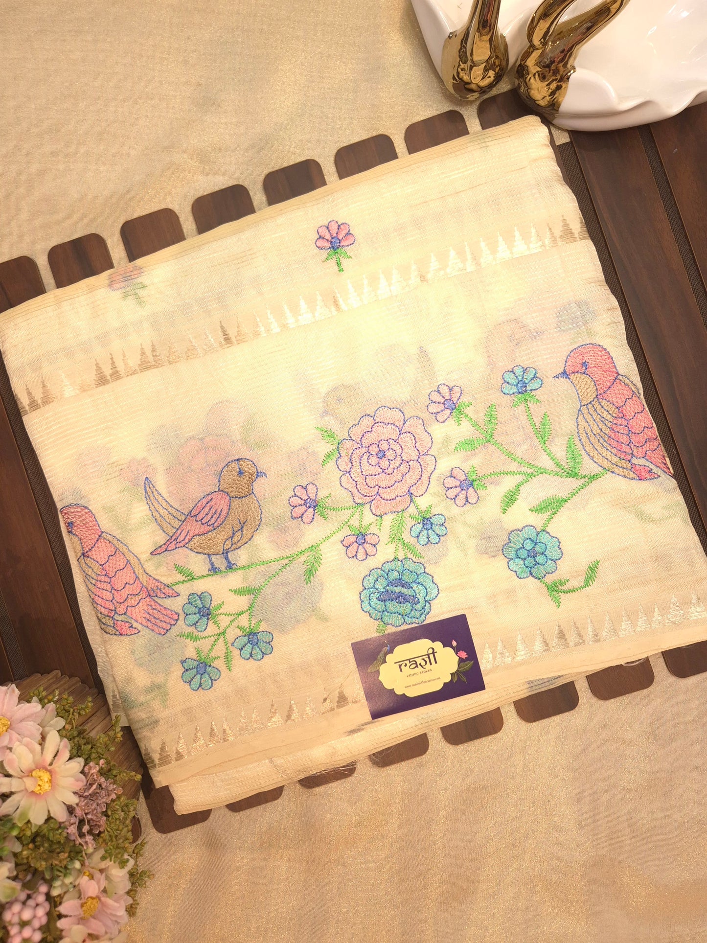 Off-White Mangalgiri Pattu Saree with Bird Embroidery
