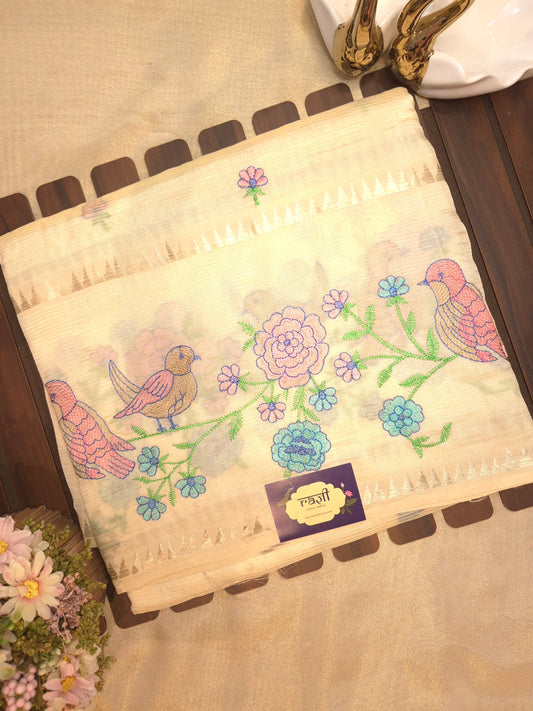 Off-White Mangalgiri Pattu Saree with Bird Embroidery