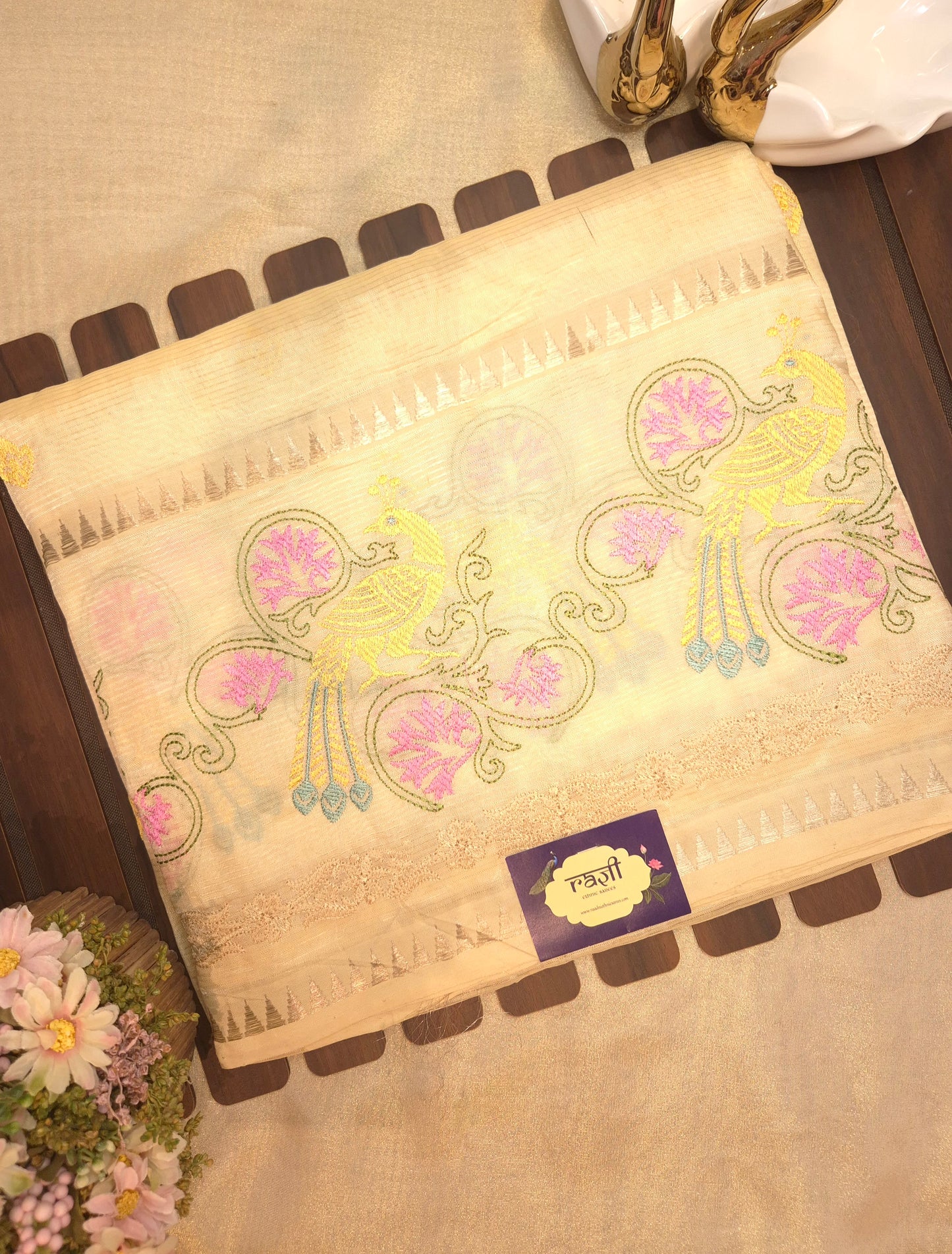 Off-White Mangalgiri Pattu Saree with Peacock Embroidery