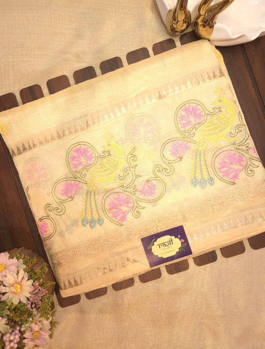 Off-White Mangalgiri Pattu Saree with Peacock Embroidery
