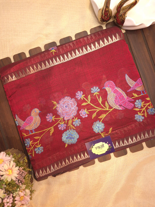 Maroon Embroidery Mangalgiri Pattu Saree