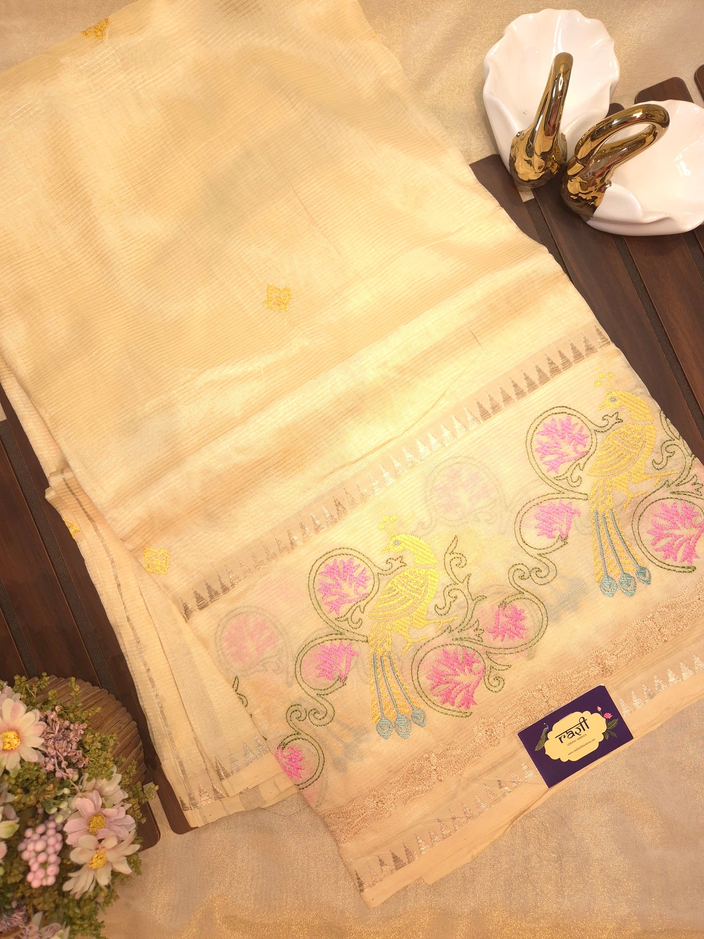 Off-White Mangalgiri Pattu Saree with Peacock Embroidery