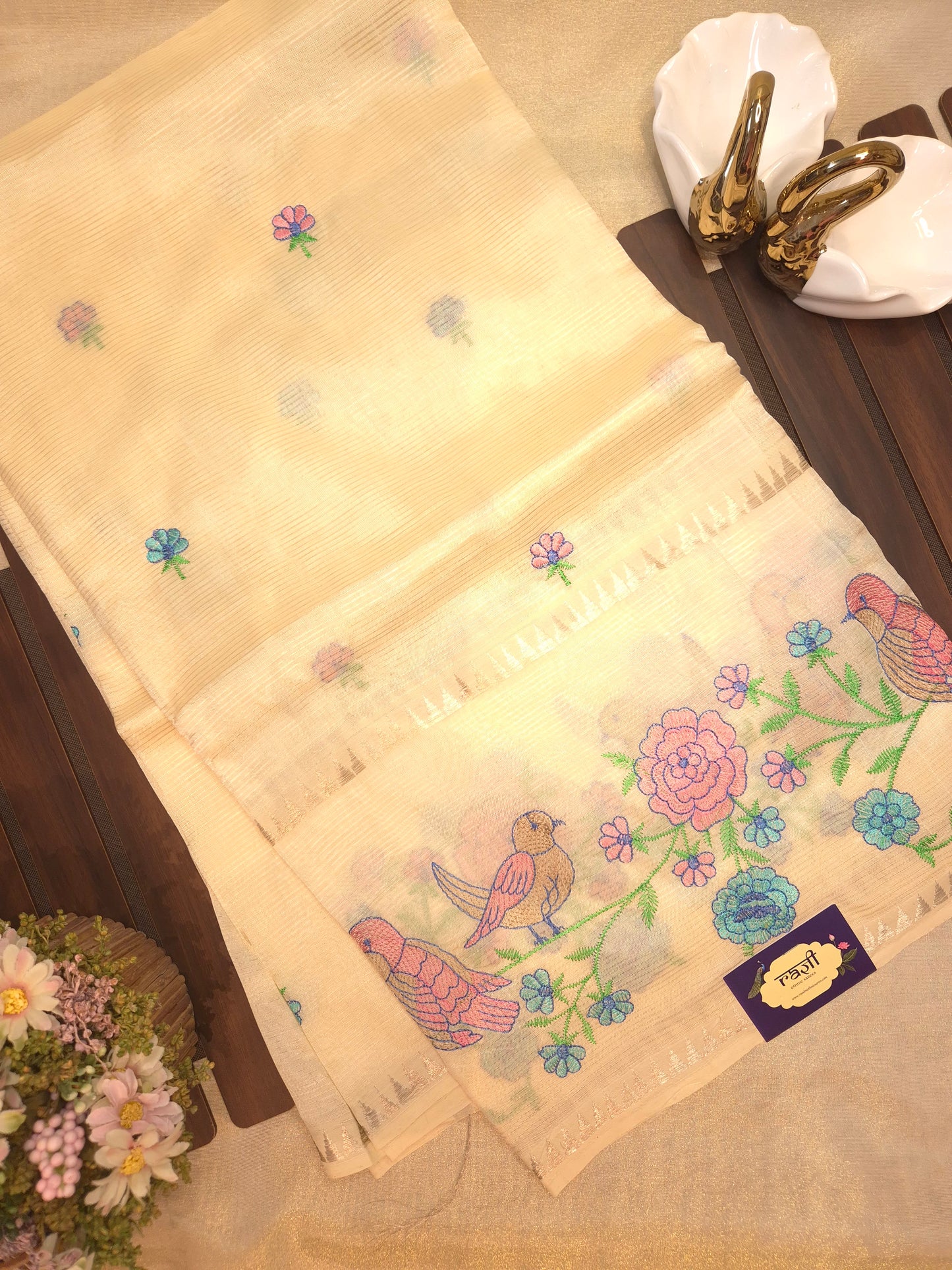 Off-White Mangalgiri Pattu Saree with Bird Embroidery