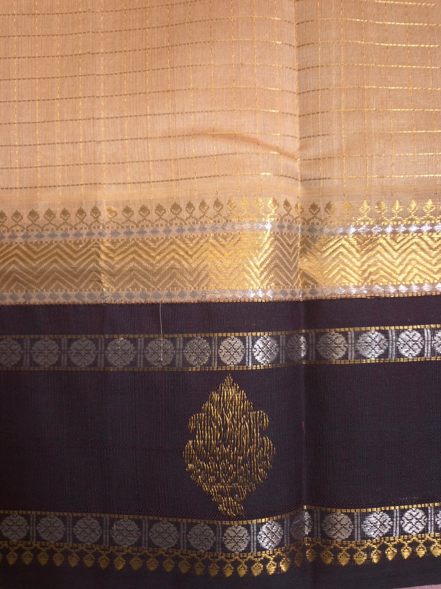 Beige Korvai Silk Cotton Saree with Brown Border