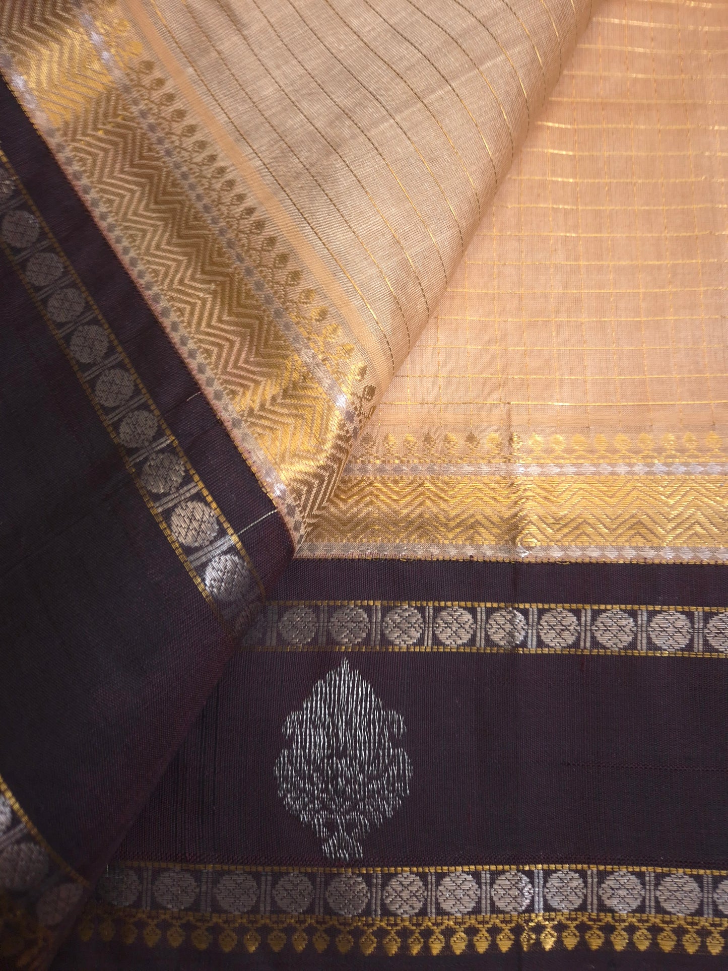 Beige Korvai Silk Cotton Saree with Brown Border