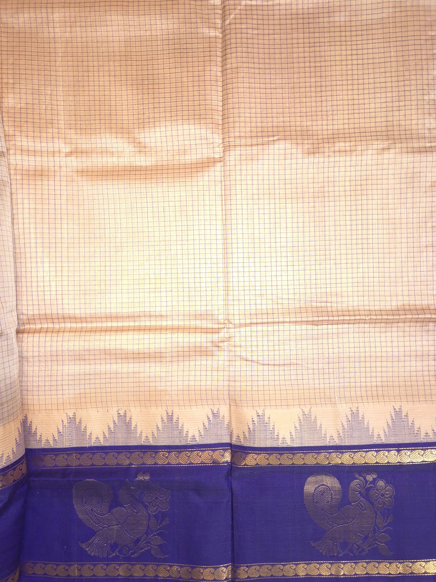 Beige Korvai Silk Cotton Saree with Violet Border