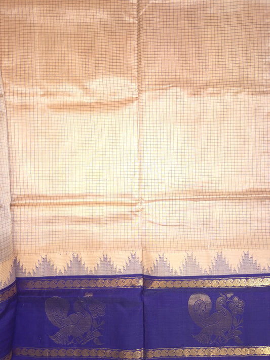 Beige Korvai Silk Cotton Saree with Violet Border