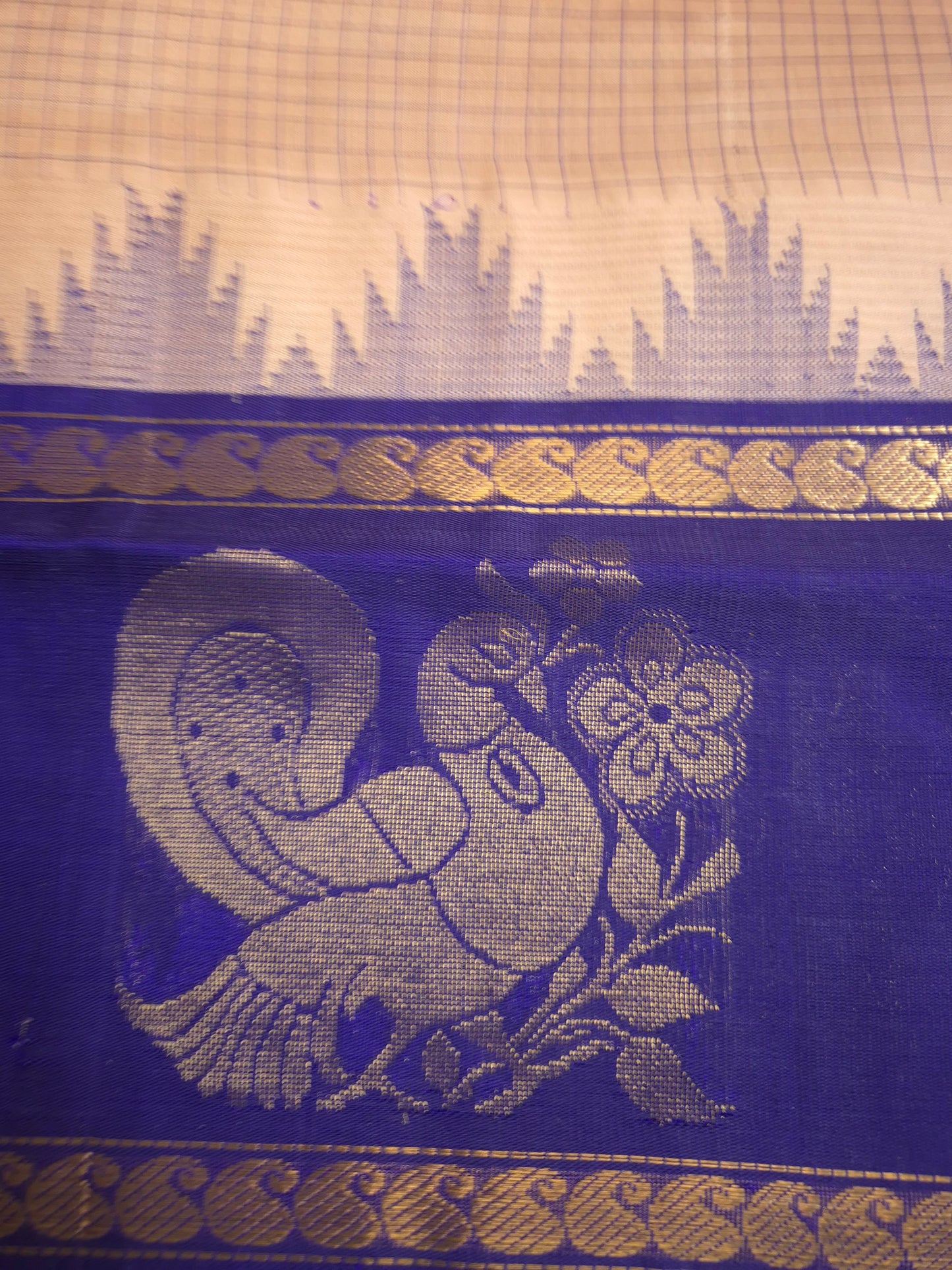 Beige Korvai Silk Cotton Saree with Violet Border