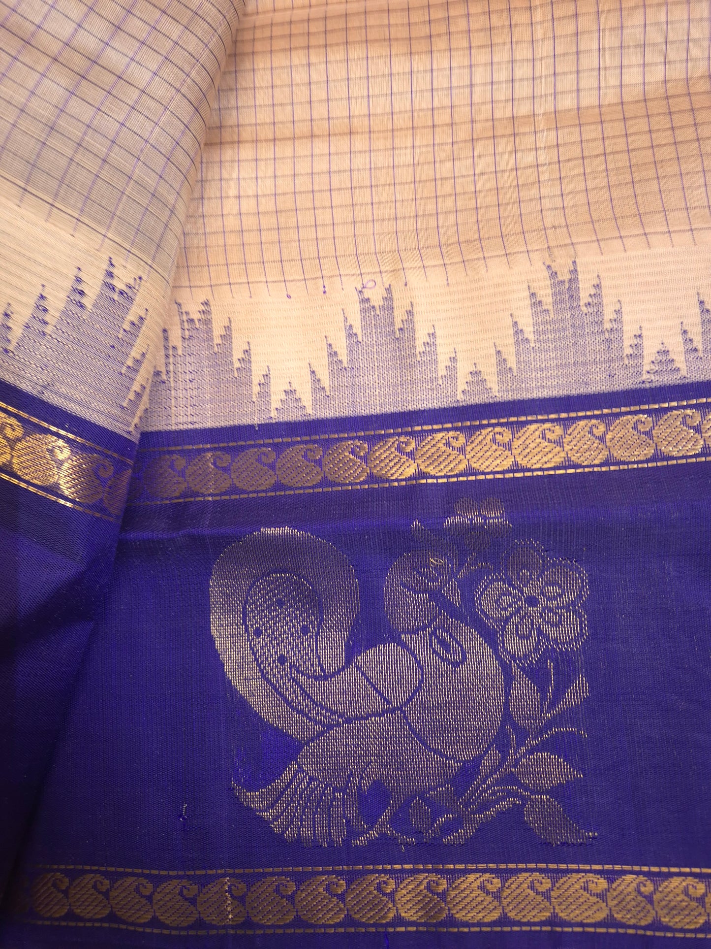 Beige Korvai Silk Cotton Saree with Violet Border