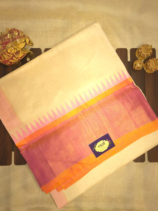 Off White Silk Cotton Saree with Light Pink Border
