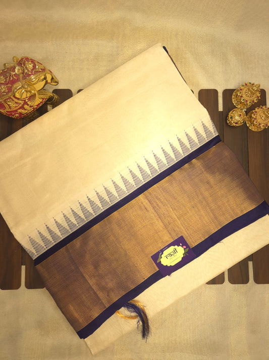 Off White Silk Cotton Saree with Dark Blue Temple Border