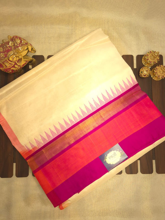 Off White Silk Cotton Saree with Orange and Pink Border